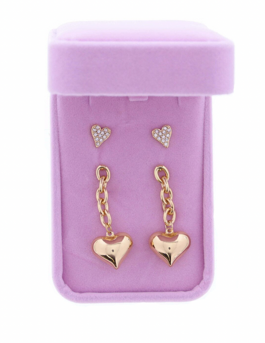 S/2 Clear Crystal Drop Gold Heart Earrings
