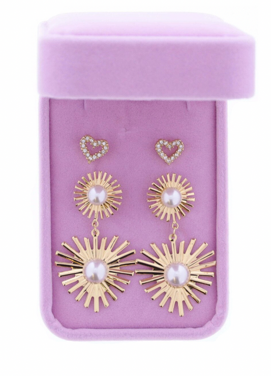 S/2 Crystal Heart Sunburst Pearl Earrings