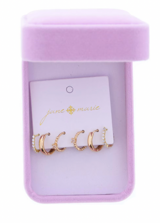 S/3 Gold Ball Huggie/Crystal Gold Huggie/Horseshoe Huggie Earrings
