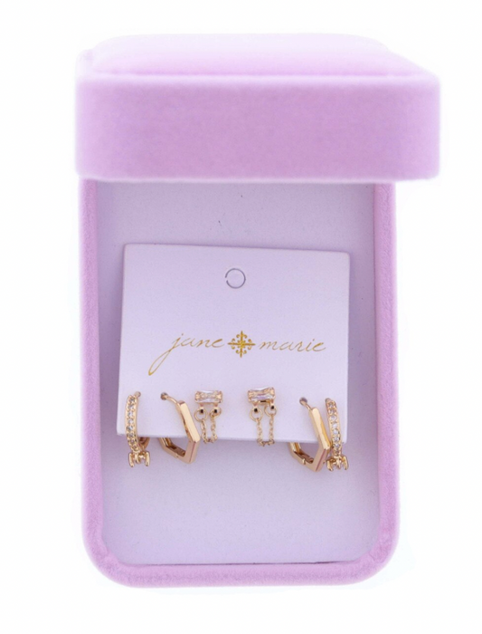S/3 Crystal Loop Chain/Hexagon Huggie/Huggie Heart Earrings