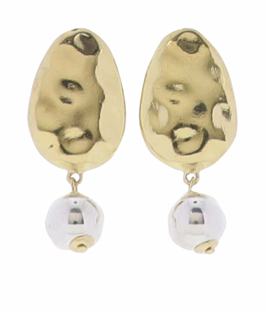 Gold Hammered Oval Silver Ball Earring
