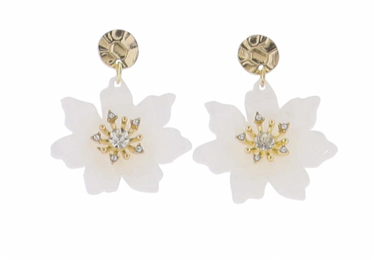 White Flower Crystal Gold Textured Post Earring
