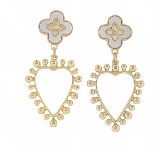 Gold Ball Open Heart Quatrefoil Earring