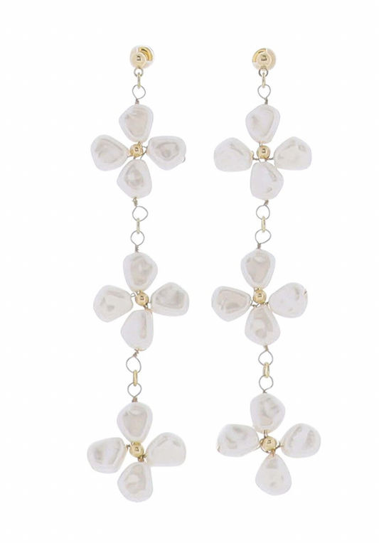 White Pearl Flowers Gold Post Earring