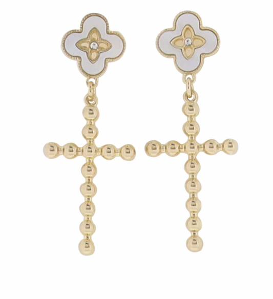 Gold Cross White Quatrefoil Earring