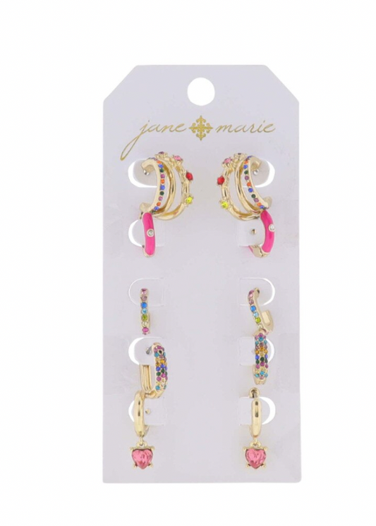 S/5 Crystal Huggie/Pink Huggie/Gold Huggie Pink Crystal Heart/Multi Oval Huggies