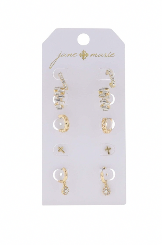 S/5 Gold Link Huggie/Gold Crystals Huggie/Flower/Gold Cross/Gold Crystals Hoop