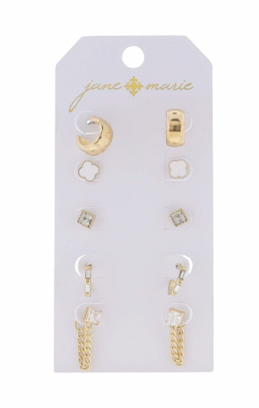 S/5 Gold Hoop/Square Crystal Chain/Crystal/Gold Crystals/Quatrefoil Earring