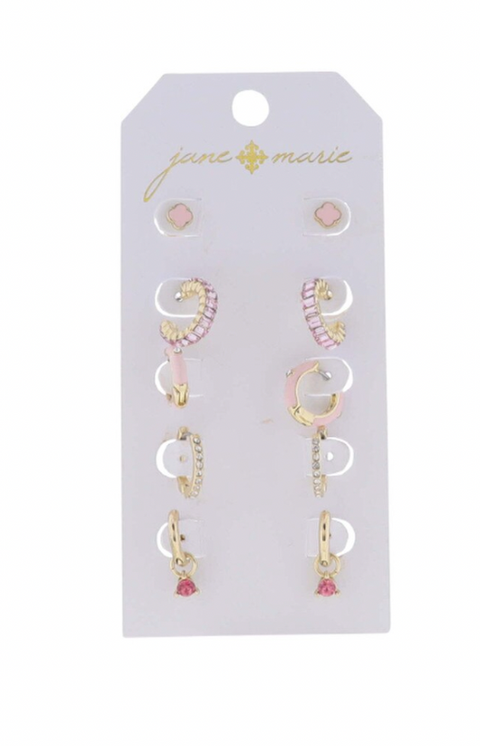 S/5 Gold Crystals/Pink Crystal Hoop/Pink Hoop/Pink Crystal/Pink Quatrefoil Earring