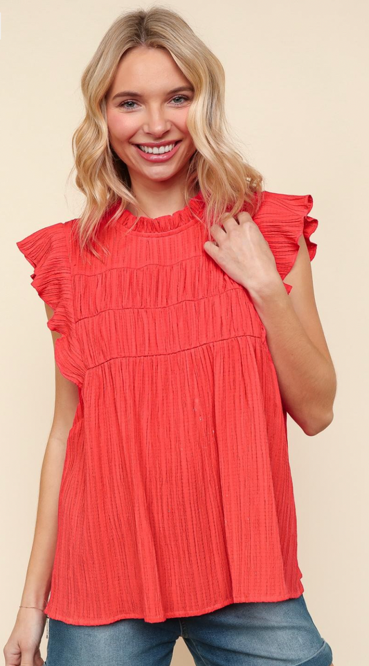 Crinkle Woven Top w/ Flutter Sleeve