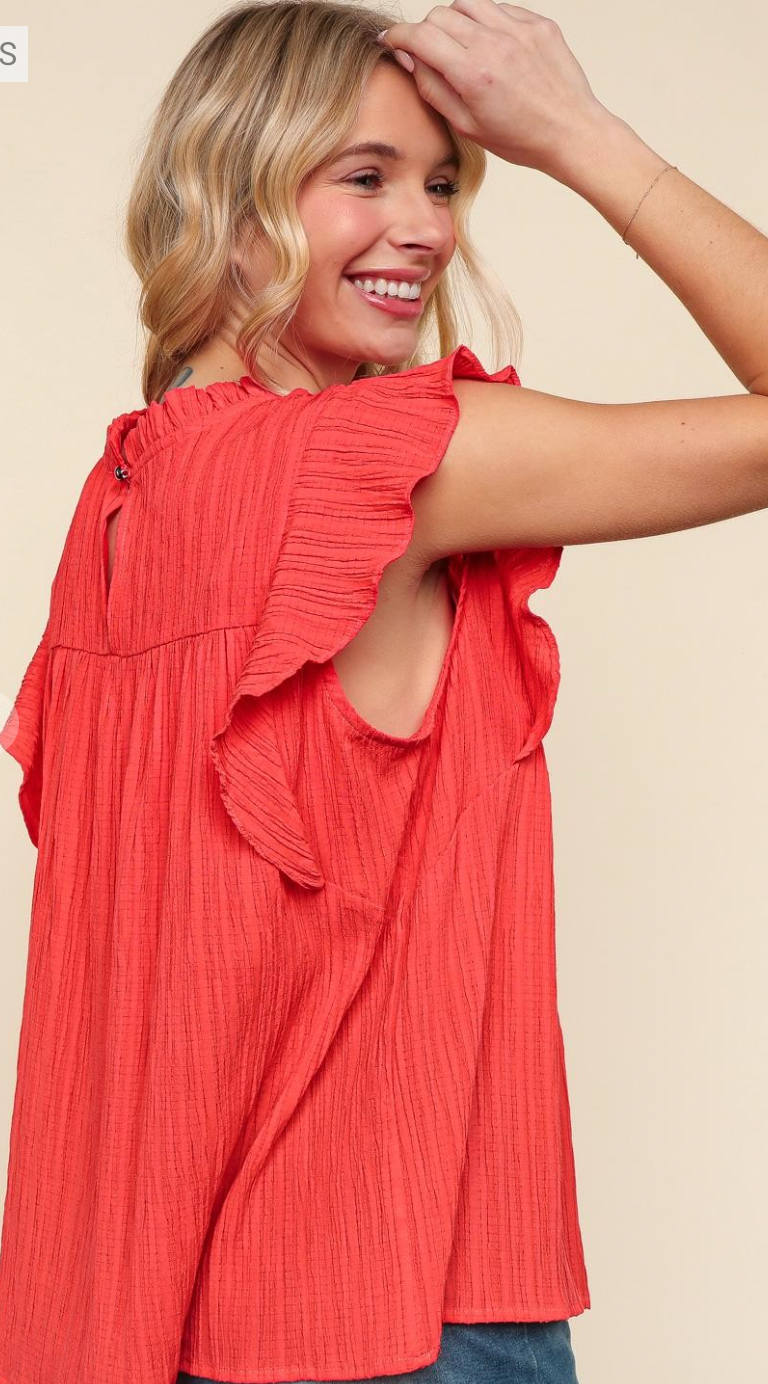 Crinkle Woven Top w/ Flutter Sleeve