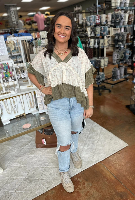 Ruffle Detail V-Neck Top-Olive