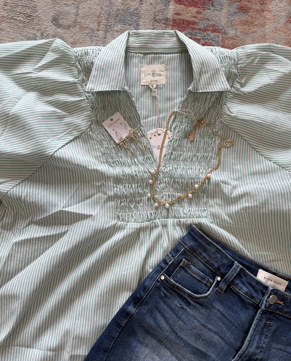 Smocked Striped V-Neck Blouse