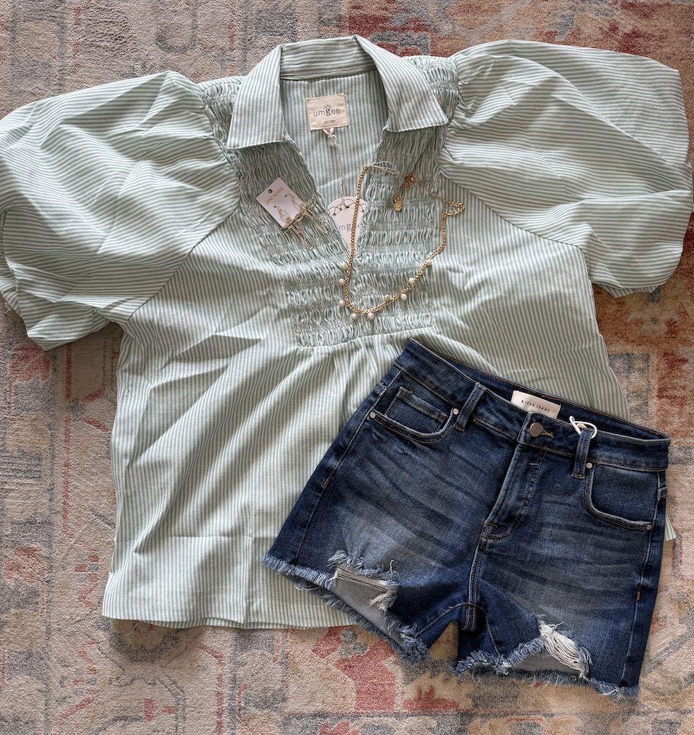 Smocked Striped V-Neck Blouse