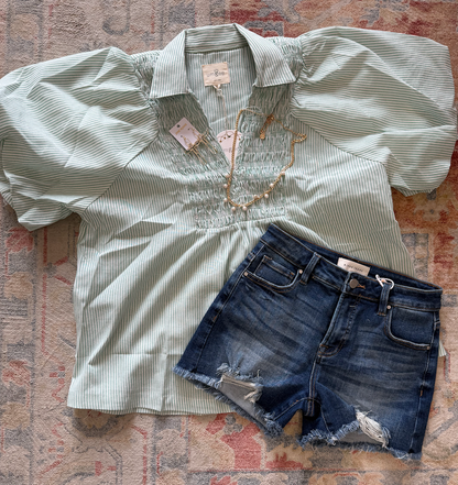 Smocked Striped V-Neck Blouse