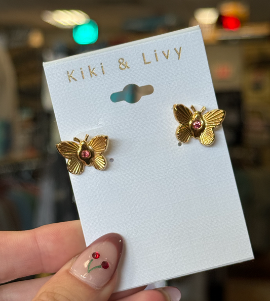 Gold Butterfly Stud W/Pink Stone