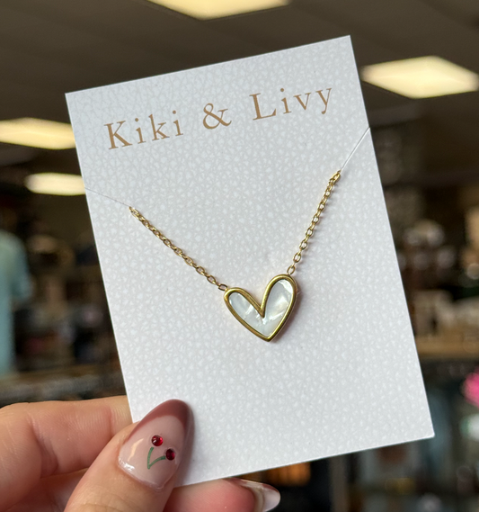 Gold White Flat Heart Necklace