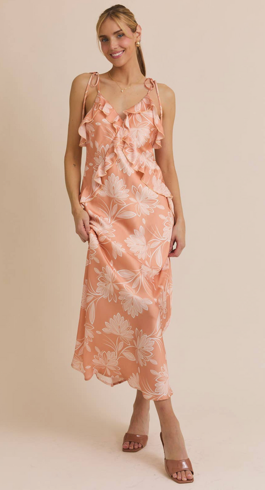 V-Neck Ruffle Detail Tie Floral Dress