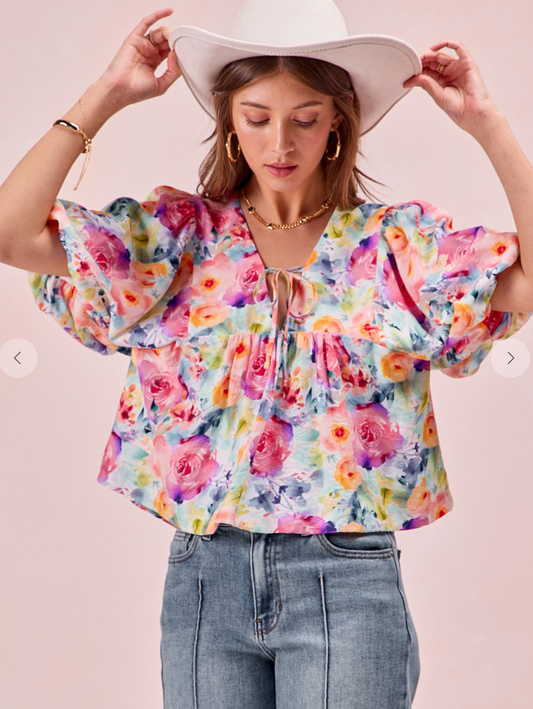 Floral Printed Balloon Sleeve Top