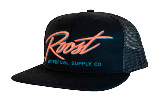 Roost Black 7 Panel w/ Pink Script Logo