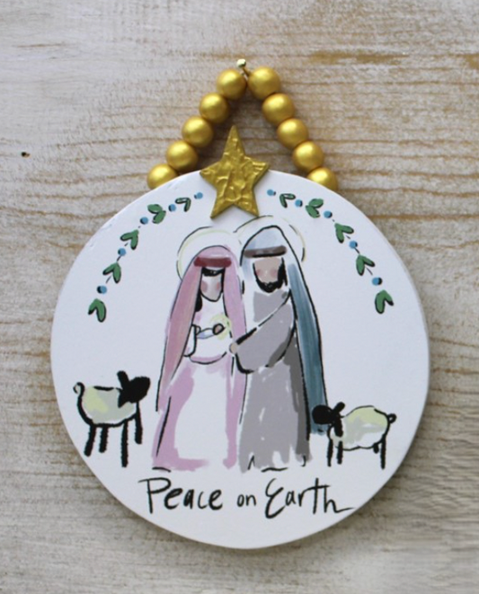 5" MDF Ornament Holy Family, Peace on Earth, Beaded Hanger