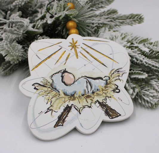6" Hand Embellished Cutout Wood Manger Ornament