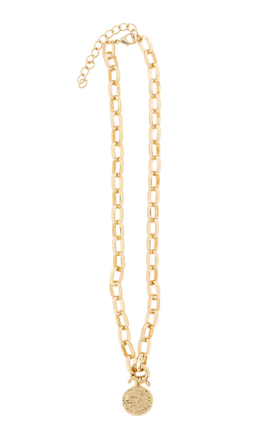 18K Gold Plated Gold Oval Link Chain Necklace with Gold Hammered Disk