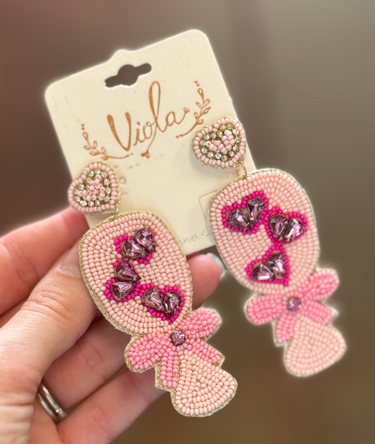 Beaded Heart Bow Glass Earrings
