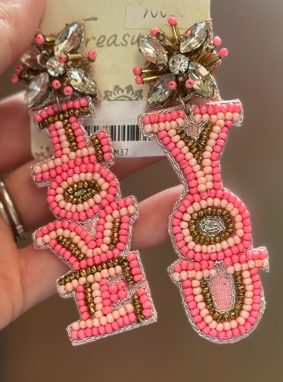 Pink Love You Beaded Earrings w/ Rhinestones