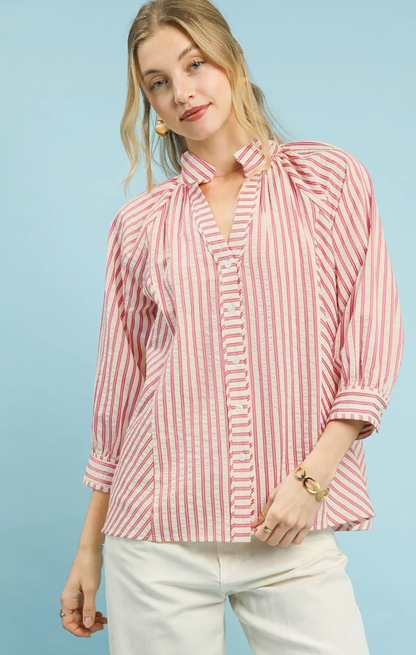 Striped V-Neck Button Down Top