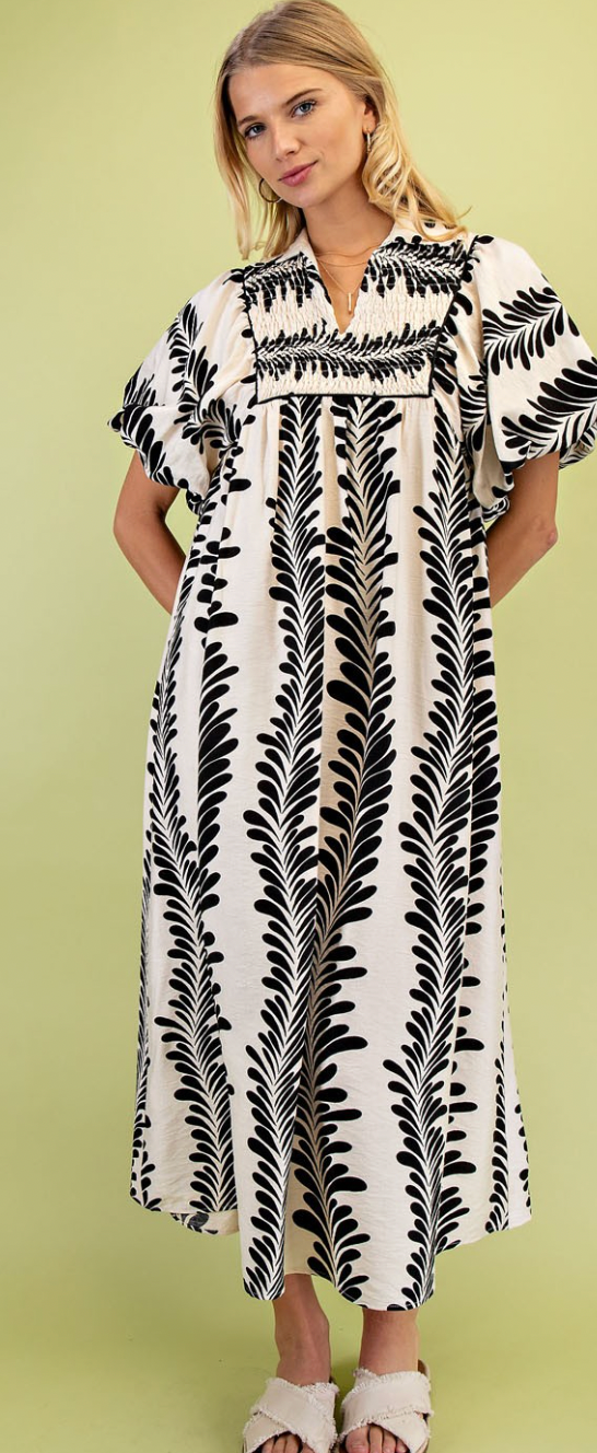 Printed Short Puff Sleeve Midi Dress