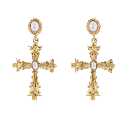 Artisan Pearl Post Earring with Gold Decorative Cross/Pearl Center