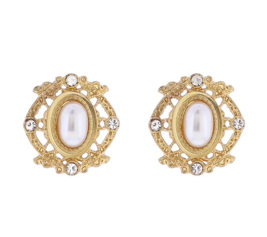 Ornate Stud Earring with Pearl Oval Center