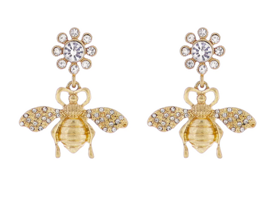 Crystal Flower Post Earring with Gold Bee