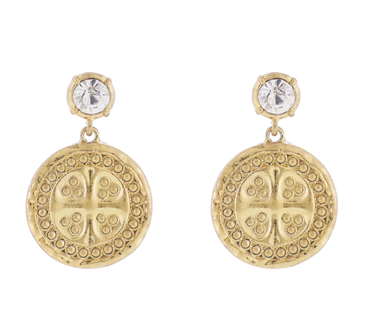 Crystal Post Earring with Gold Coin with Cross