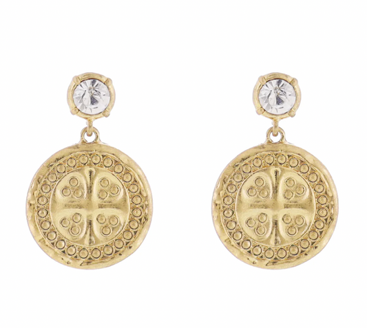 Crystal Post Earring with Gold Coin with Cross