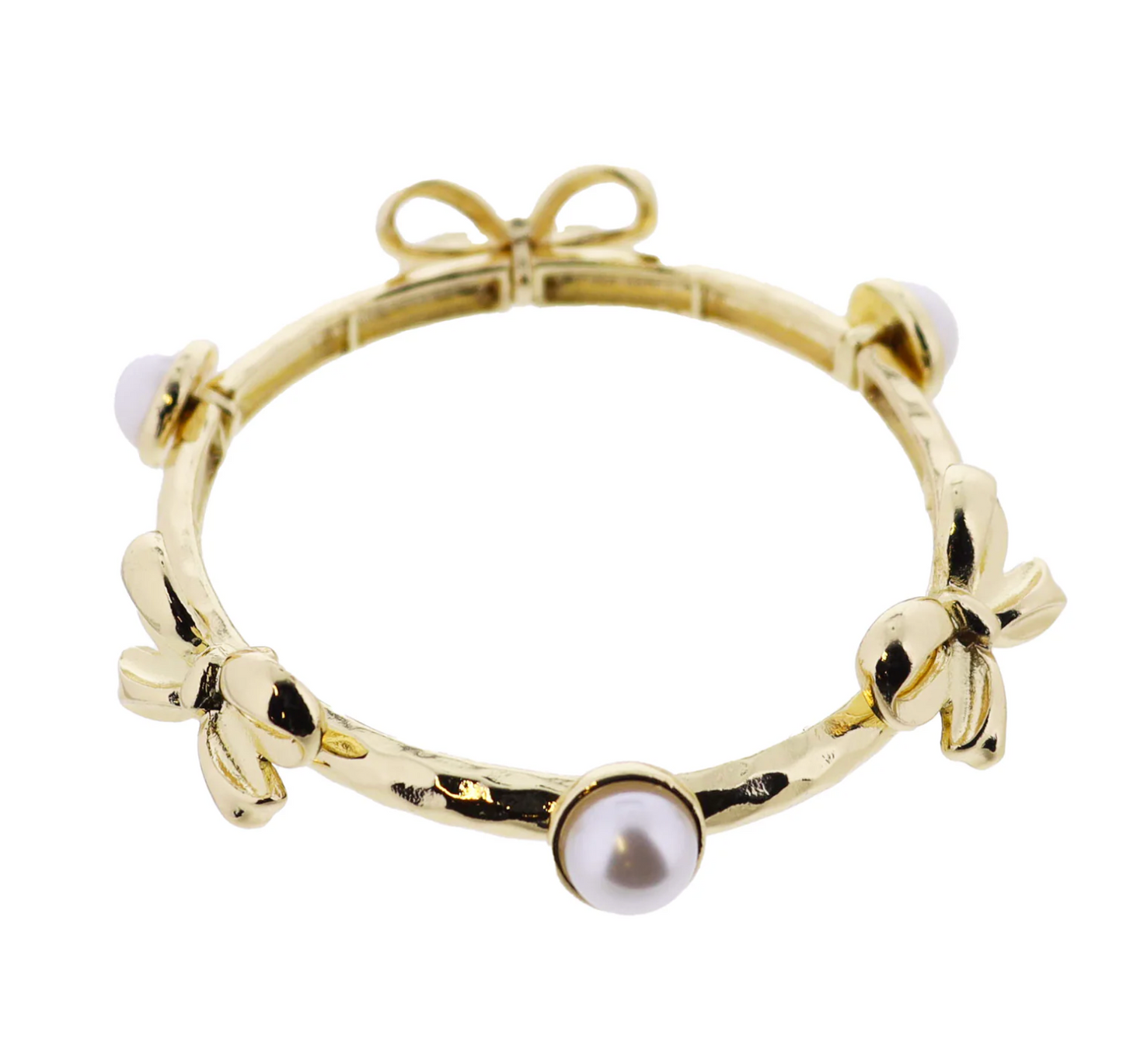Gold Hammered Stretch Bangle Bracelet with Pearl, Gold Bow Stations