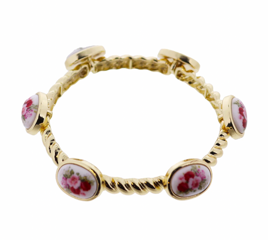 Gold Rope Stretch Bangle Bracelet with Floral Oval Stations