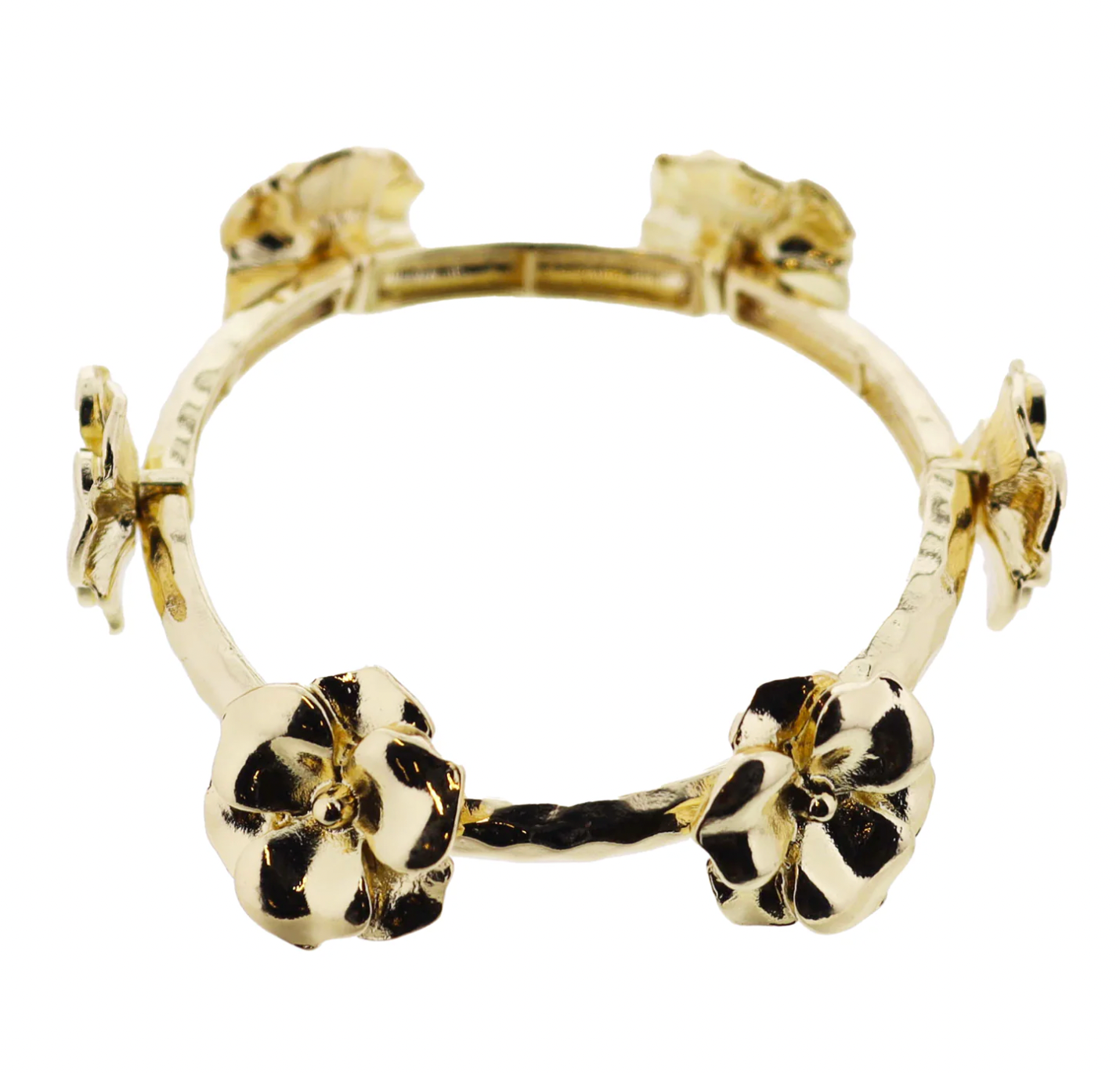 Gold Hammered Stretch Bangle Bracelet with Gold Flower Stations