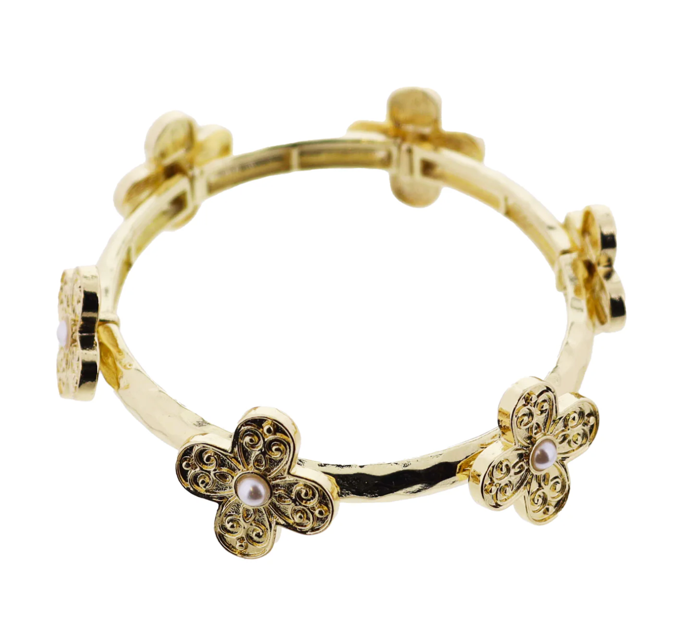 Gold Hammered Stretch Bangle Bracelet with Gold Flower with Pearl Center Stations