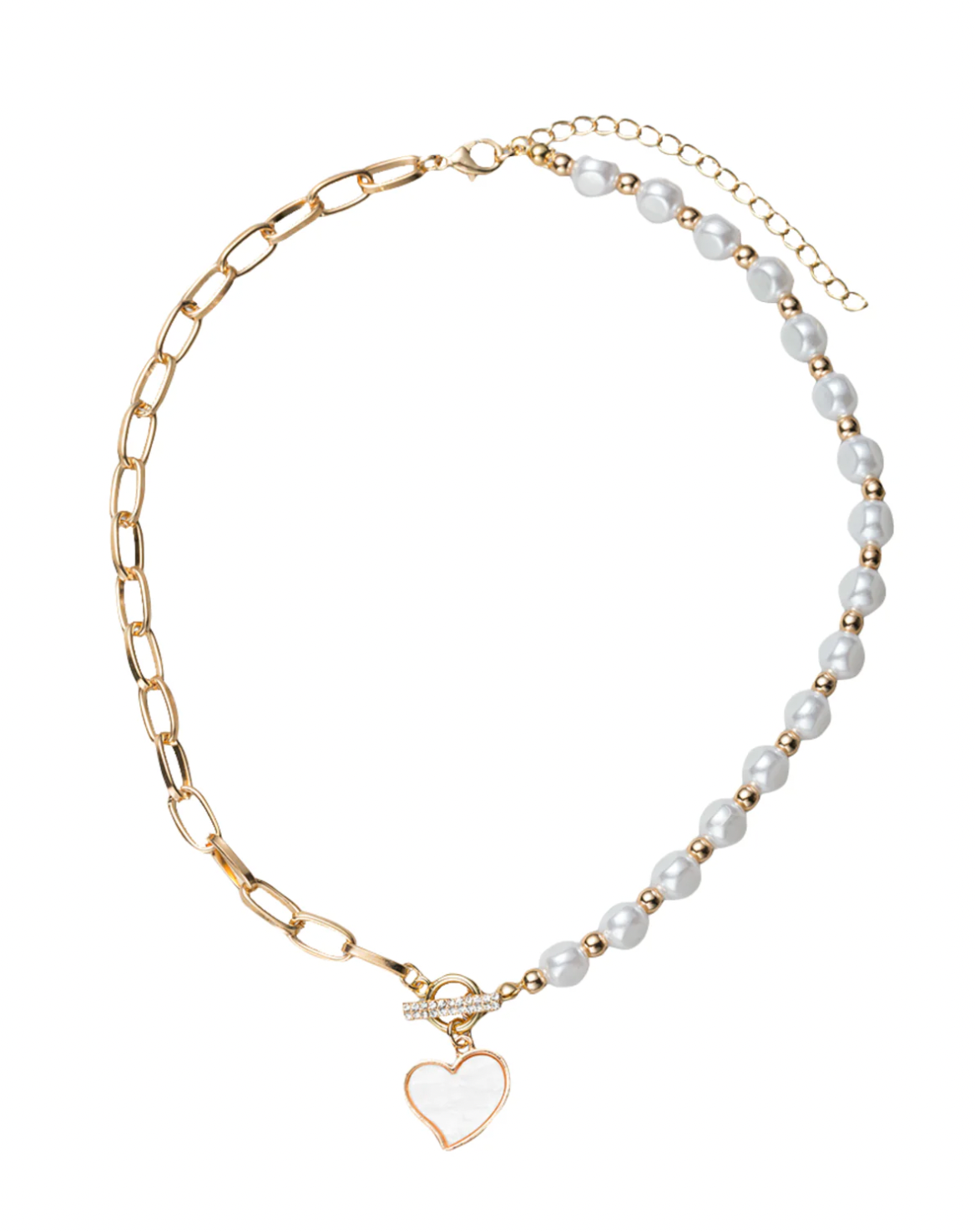 Pearl, Gold Chain, Beaded Necklace with Shell Heart