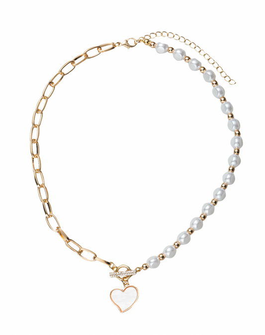 Pearl, Gold Chain, Beaded Necklace with Shell Heart