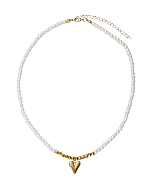 Pearl Beaded Necklace with Gold Heart
