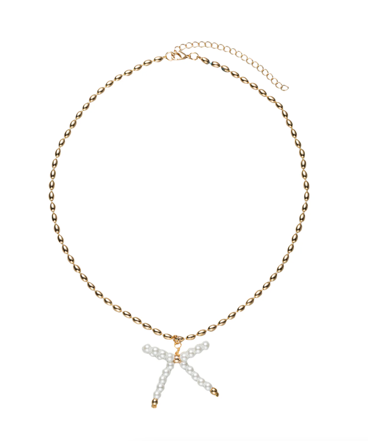 Gold Beaded Necklace with Pearl Beaded Bow