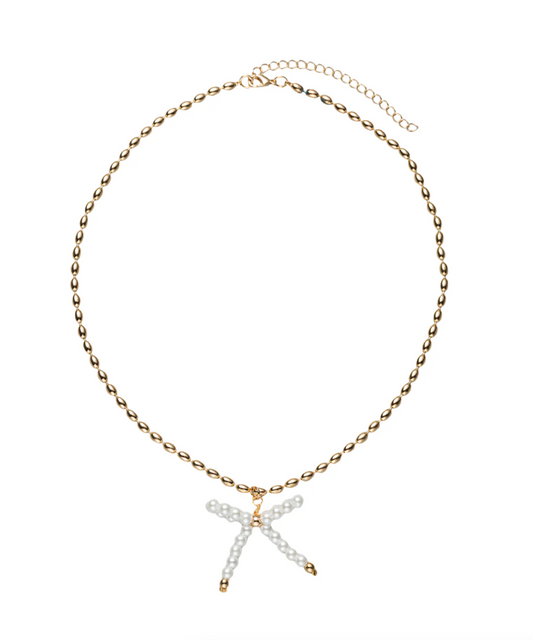 Gold Beaded Necklace with Pearl Beaded Bow