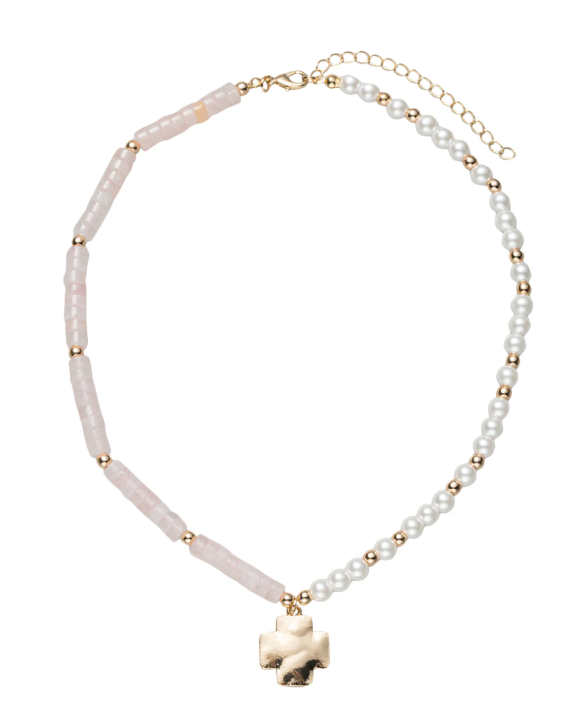 Pink, Gold, Pearl Rose Quartz Beaded Necklace with Gold Cross