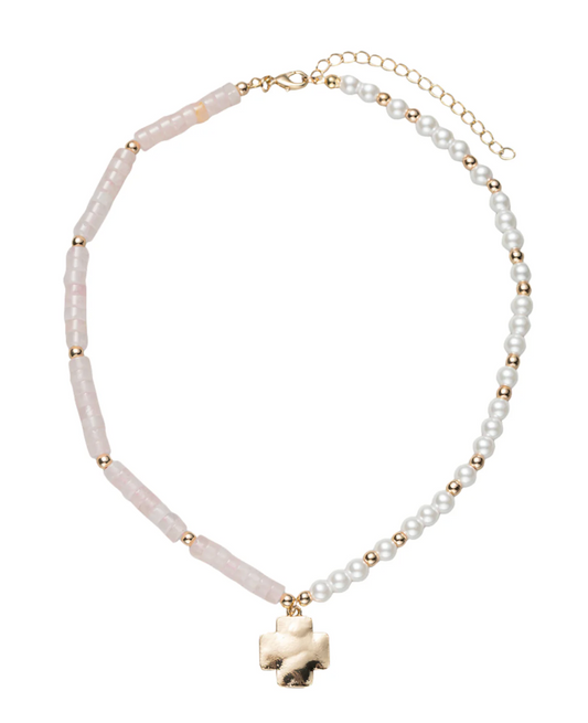 Pink, Gold, Pearl Rose Quartz Beaded Necklace with Gold Cross