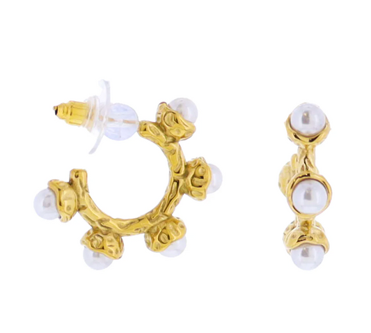 Pearl, Gold Hammered Hoop Earring