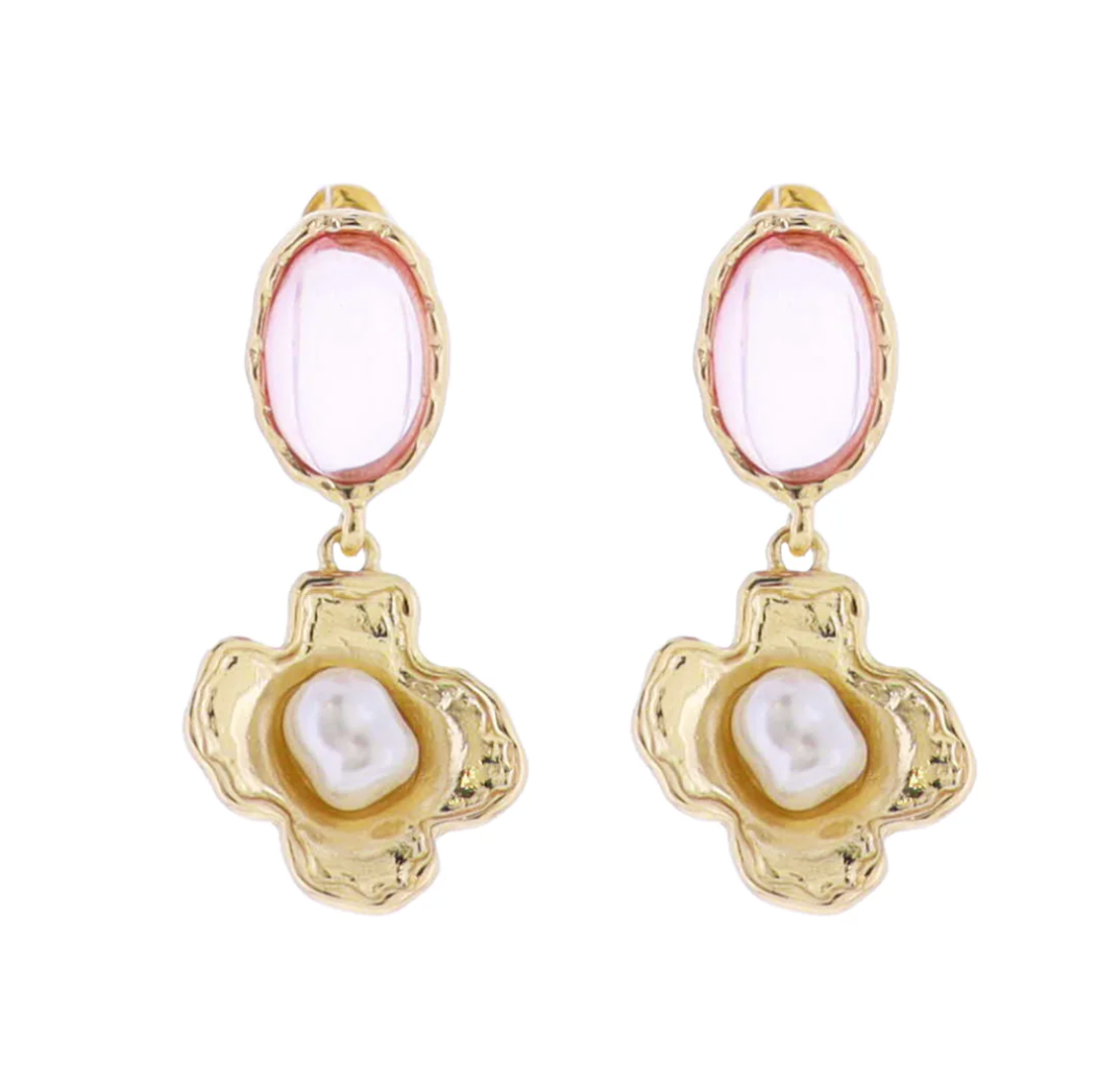 Pink, Gold Gemstone Oval Post with Gold Flower with Center Pearl Earring