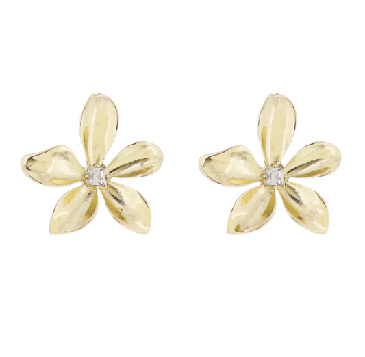Gold Flower with Clear Crystal Center Earring